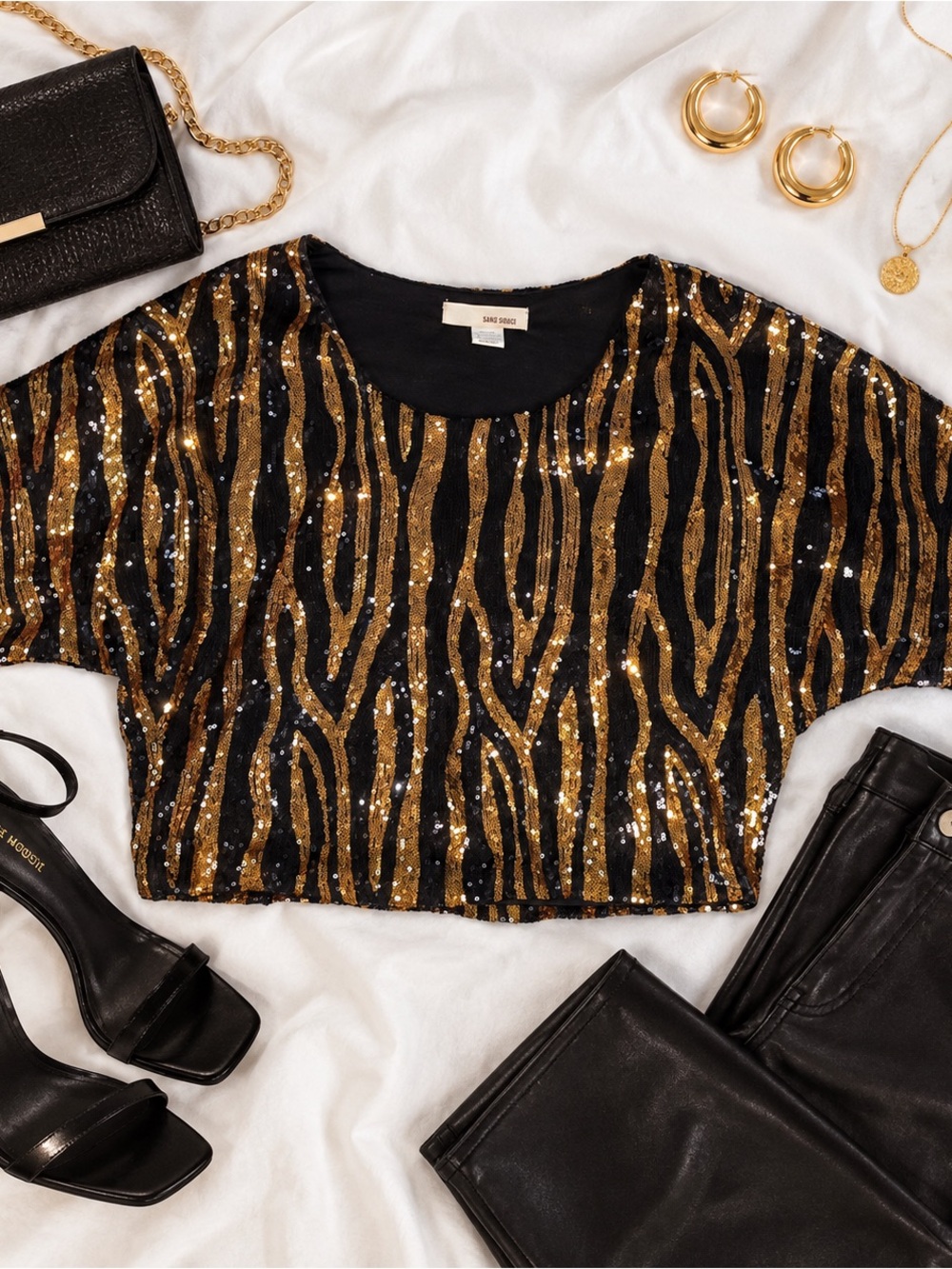 Sans Souci Black & Gold Sequin Zebra Animal Print Batwing Top Size S